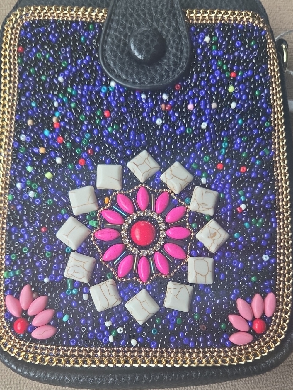 Beaded Floral Embellished Crossbody Pouch - Pink & Purple